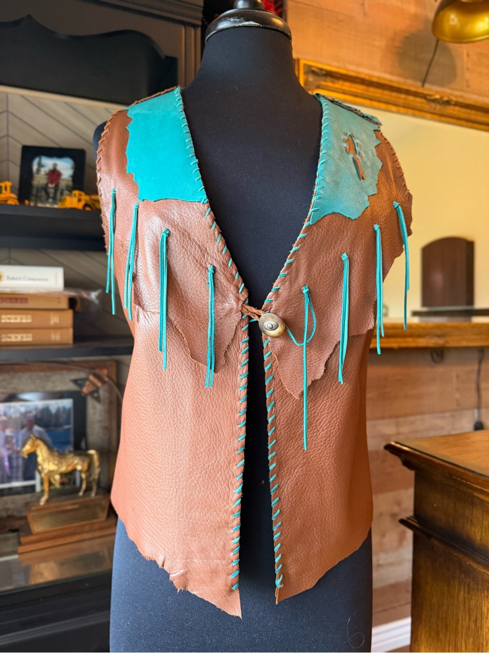 Brown Leather Fringe Vest with Turquoise Accents